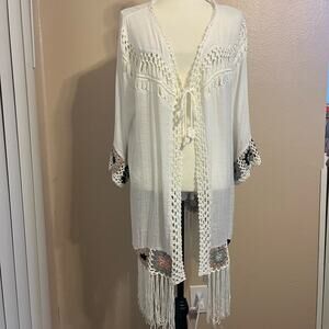 Oliver by Escio White Boho Embroidered Kimono with Fringe Size XL